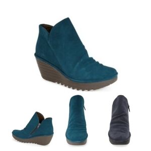 Fly London Yip Suede Wedge Ankle Zip Bootie In Teal Size 7 (38) Worn Once!